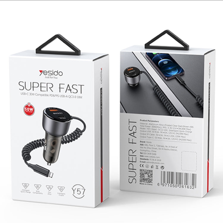 Yesido Y57 50W PD + QC3.0 Dual Port Car Charger with 8 Pin Spring Data Cable - free shipping - PMC TechLife - Order now!