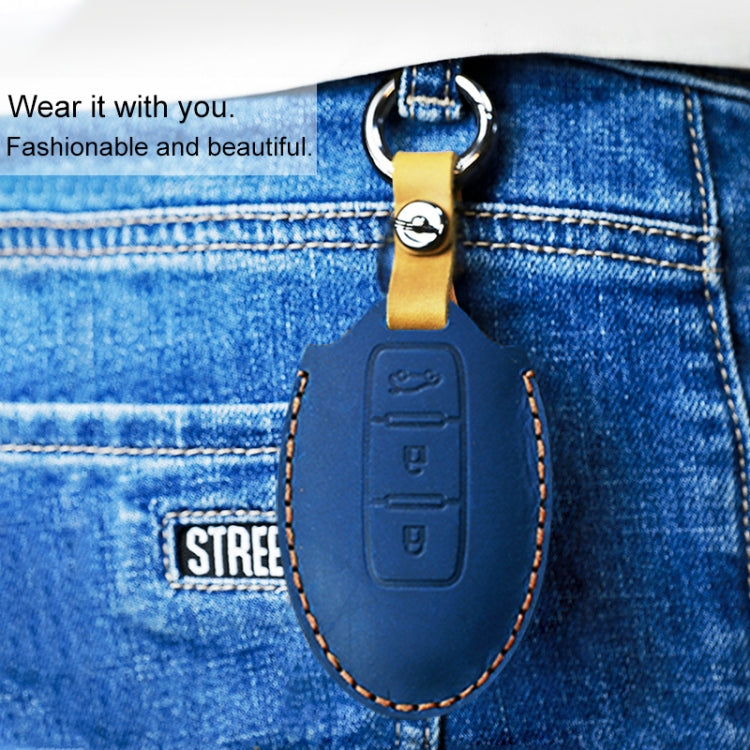 For Nissan Car Cowhide Leather Key Protective Cover Key Case, Three Keys Horn Version (Blue) - Car Key Cases by PMC Jewellery | Online Shopping South Africa | PMC Jewellery | Buy Now Pay Later Mobicred