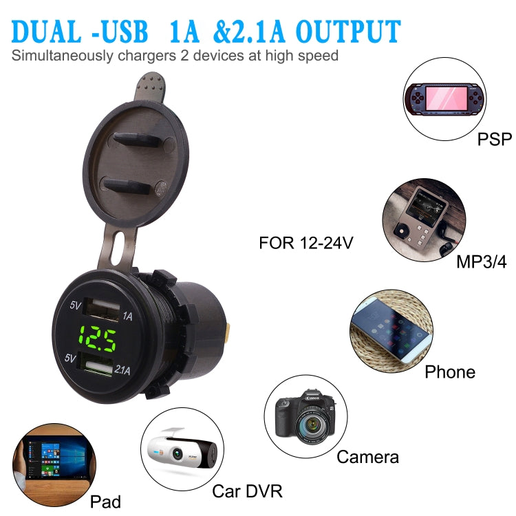 Universal Car Dual Port USB Charger Power Outlet Adapter 3.1A 5V IP66 with LED Digital Voltmeter + 60cm Cable(Green Light) - DIY Modified Charger by PMC TechLife | Online Shopping South Africa | PMC TechLife | Buy Now Pay Later Mobicred