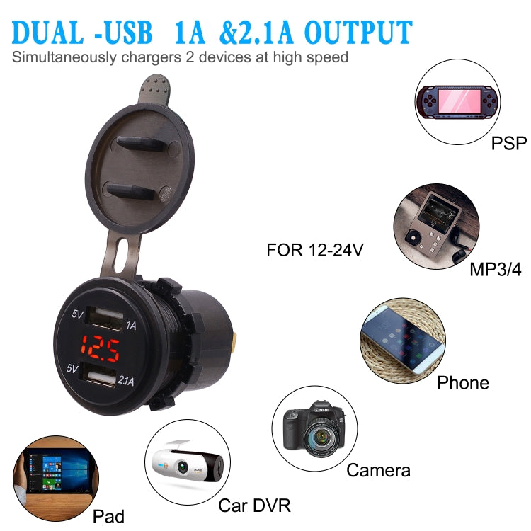Universal Car Dual Port USB Charger Power Outlet Adapter 3.1A 5V IP66 with LED Digital Voltmeter + 60cm Cable(Red Light) - DIY Modified Charger by PMC TechLife | Online Shopping South Africa | PMC TechLife | Buy Now Pay Later Mobicred