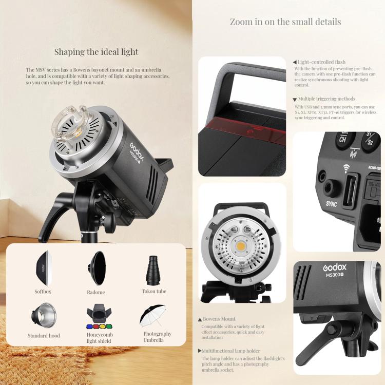 Godox MS300-V Studio Flash Light 300Ws Bowens Mount Strobe Light with Lamp Cover (UK Plug) - free shipping - PMC TechLife - Order now!