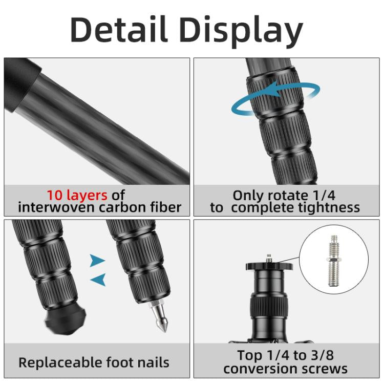 BEXIN W-334C Portable DSLR Camera 2 in 1 Carbon Fiber Tripod Detachable Monopod (Black) - free shipping - PMC TechLife - Order now!