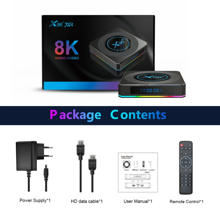 X96 X4 8K Smart TV BOX Android 11.0 Media Player with Remote Control, Amlogic S905X4 Quad Core ARM Cortex A55, RAM: 4GB, ROM: 64GB, Support 100M, Dual Band WiFi, Bluetooth, US Plug - Amlogic S905 by PMC TechLife | Online Shopping South Africa | PMC TechLife | Buy Now Pay Later Mobicred