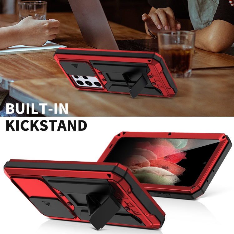 For Samsung Galaxy S21 Ultra 5G R-JUST Sliding Lens Cover Shockproof Dustproof Waterproof Metal + Silicone Case with Invisible Holder(Red) - free shipping - PMC TechLife - Order now!
