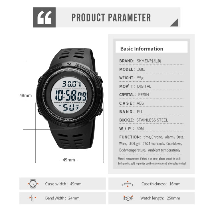 SKMEI 1681 Multifunctional LED Digital Display Luminous Electronic Watch, Support Body / Ambient Temperature Measurement(Black White) - free shipping - PMC TechLife - Order now!
