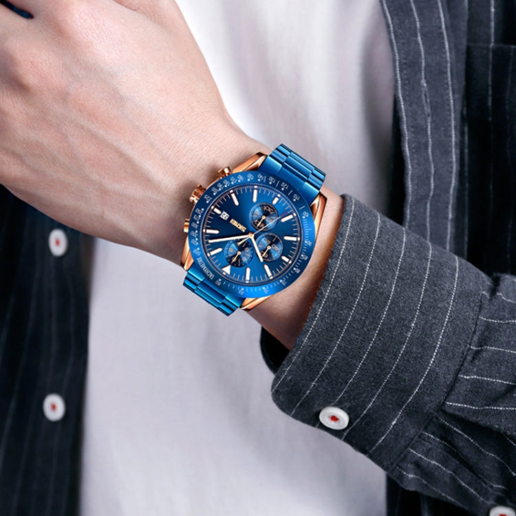 SKMEI 9253 Men Stopwatch Date Six Pin Stainless Steel Strap Quartz Watch(Gold Blue) - free shipping - PMC TechLife - Order now!