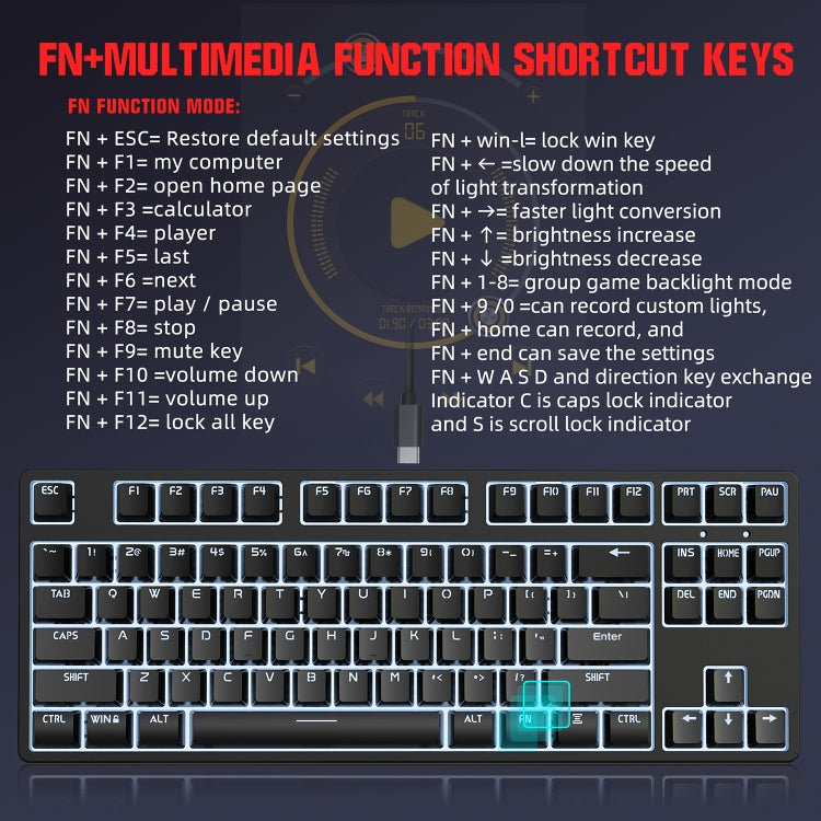 HXSJ L600 87 Keys USB-C / Type-C Wired Red Shaft Mechanical Keyboard with Cool Backlight(White) - free shipping - PMC Jewellery - Order now!