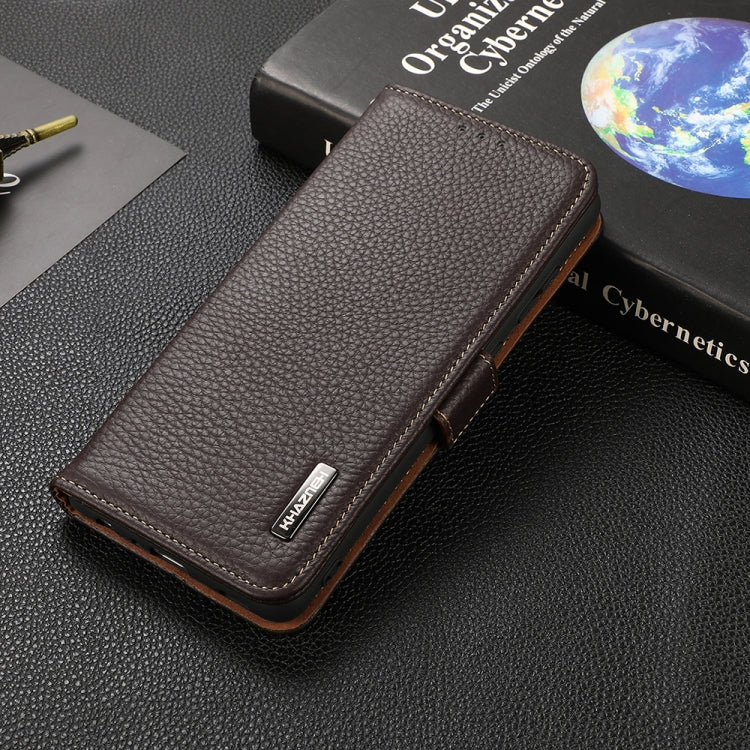For OnePlus Nord 2 5G KHAZNEH Side-Magnetic Litchi Genuine Leather RFID Phone Case(Brown) - OnePlus Cases by PMC TechLife | Online Shopping South Africa | PMC TechLife | Buy Now Pay Later Mobicred