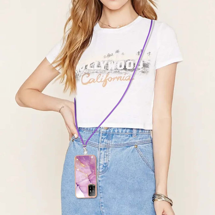 For OPPO A94 5G / A95 5G Electroplating Marble IMD TPU Phone Case with Lanyard(Purple 001) - OPPO Cases by PMC TechLife | Online Shopping South Africa | PMC TechLife | Buy Now Pay Later Mobicred