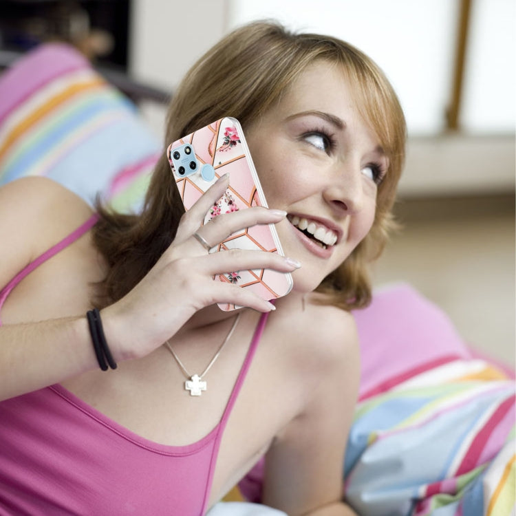 For OPPO Realme C21Y Splicing Marble Flower Pattern TPU Phone Case(Pink Flower) - Realme Cases by PMC TechLife | Online Shopping South Africa | PMC TechLife | Buy Now Pay Later Mobicred