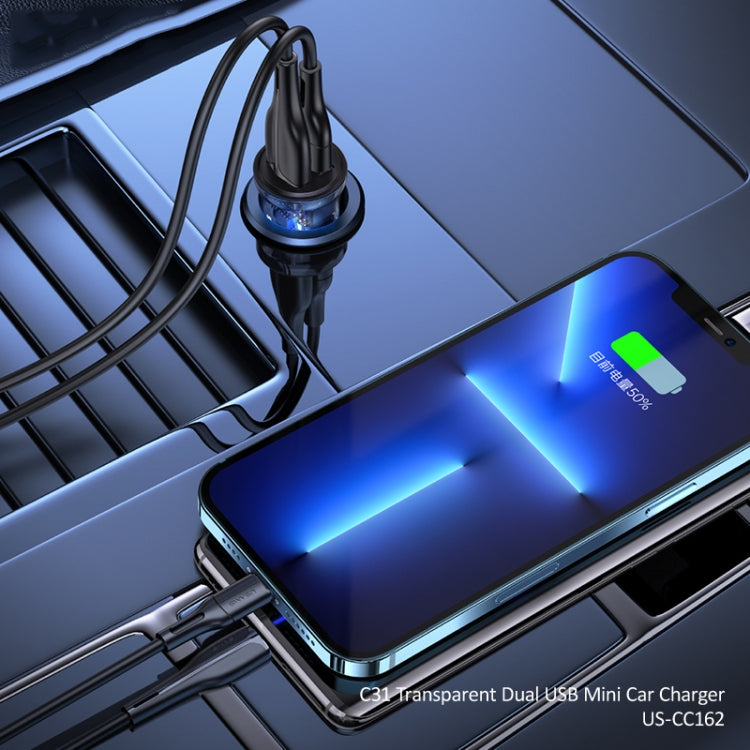 USAMS US-CC162 C31 5V3A Transparent Dual USB Mini Car Charger(Black) - Car Charger by USAMS | Online Shopping South Africa | PMC TechLife | Buy Now Pay Later Mobicred