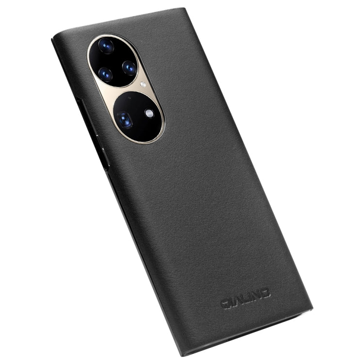 For Huawei P50 QIALINO Magnetic Side Window View Genuine Leather Smart Phone Case(Black) - free shipping - PMC TechLife - Order now!