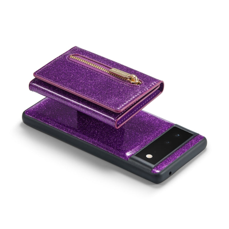 For Google Pixel 6a DG.MING M3 Series Glitter Powder Card Bag Leather Case(Dark Purple) - Google Cases by DG.MING | Online Shopping South Africa | PMC TechLife | Buy Now Pay Later Mobicred