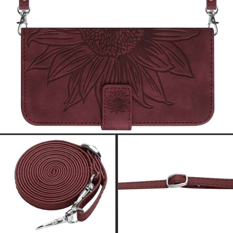 For Xiaomi Redmi 12 4G Global Skin Feel Sun Flower Embossed Flip Leather Phone Case with Lanyard(Wine Red) - Xiaomi Cases by PMC TechLife | Online Shopping South Africa | PMC TechLife | Buy Now Pay Later Mobicred