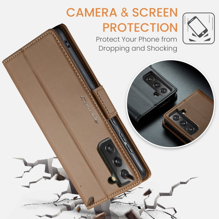 For Samsung Galaxy S21 FE 5G CaseMe 023 Butterfly Buckle Litchi Texture RFID Anti-theft Leather Phone Case(Brown) - free shipping - PMC TechLife - Order now!