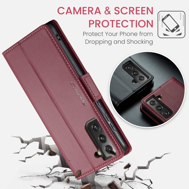 For Samsung Galaxy S21 FE 5G CaseMe 023 Butterfly Buckle Litchi Texture RFID Anti-theft Leather Phone Case(Wine Red) - free shipping - PMC TechLife - Order now!