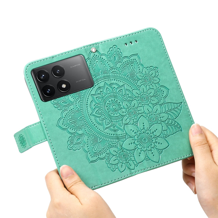 For Xiaomi Redmi K70E 7-petal Flowers Embossing Leather Phone Case(Green) - K70E Cases by PMC TechLife | Online Shopping South Africa | PMC TechLife | Buy Now Pay Later Mobicred