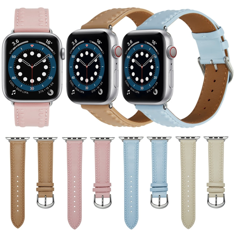 Embossed Love Genuine Leather Watch Band For Apple Watch SE 2023 40mm(Khaki) - Watch Bands by PMC TechLife | Online Shopping South Africa | PMC TechLife