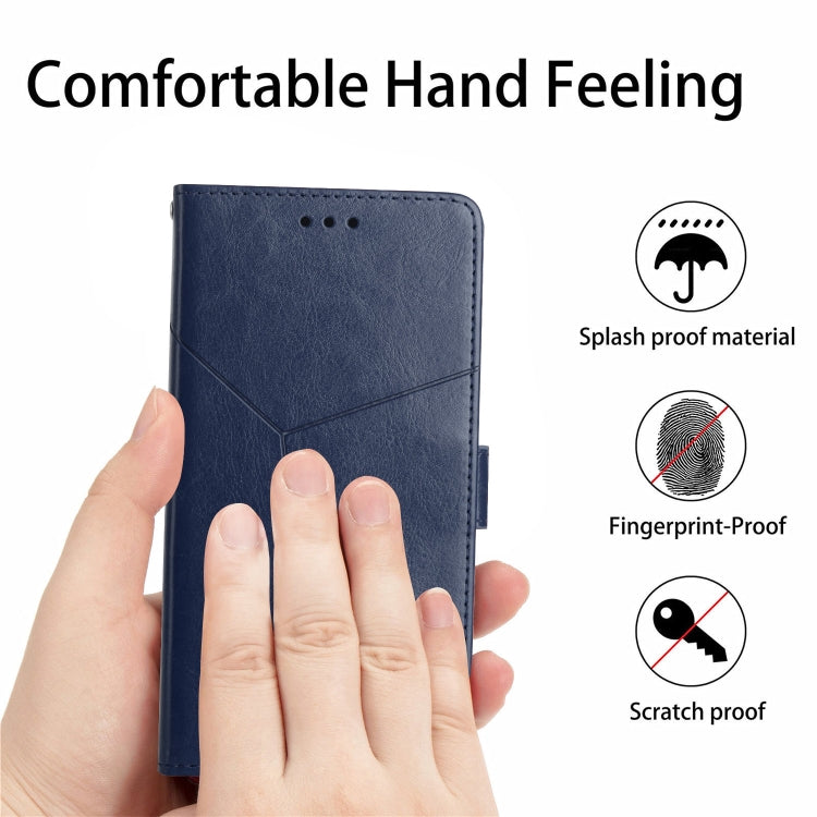 For iPhone 16 HT01 Y-shaped Pattern Flip Leather Phone Case(Blue) - iPhone 16 Cases by PMC TechLife | Online Shopping South Africa | PMC TechLife | Buy Now Pay Later Mobicred