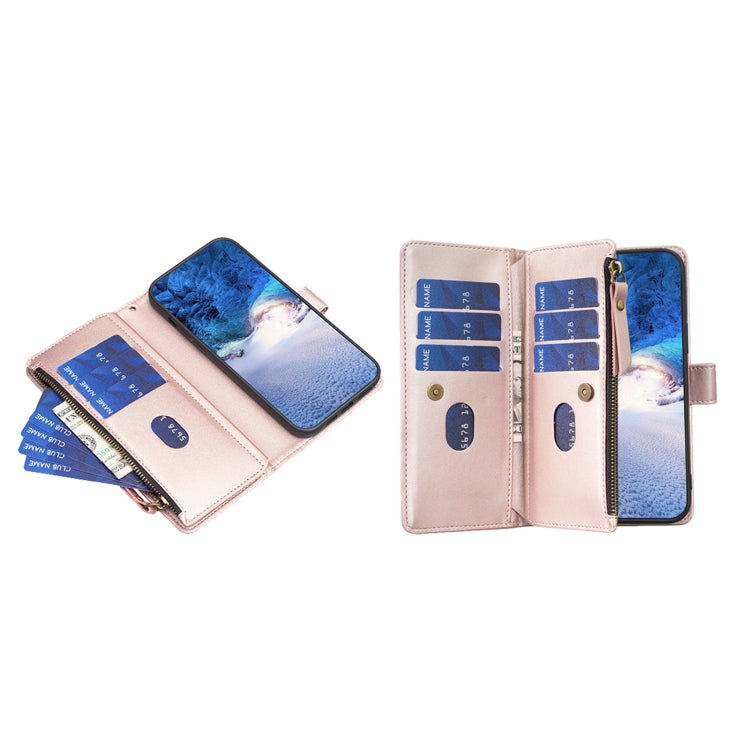 For iPhone 16 Plus 9 Card Slots Zipper Wallet Leather Flip Phone Case(Rose Gold) - iPhone 16 Plus Cases by PMC TechLife | Online Shopping South Africa | PMC TechLife | Buy Now Pay Later Mobicred