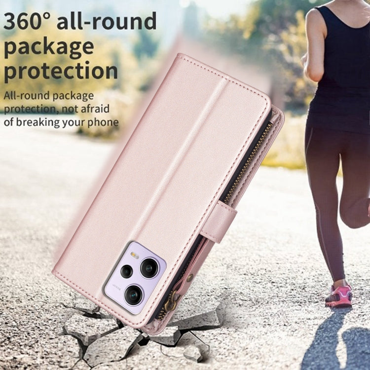 For Xiaomi Redmi Note 12 Pro 9 Card Slots Zipper Wallet Leather Flip Phone Case(Rose Gold) - Xiaomi Cases by PMC TechLife | Online Shopping South Africa | PMC TechLife | Buy Now Pay Later Mobicred