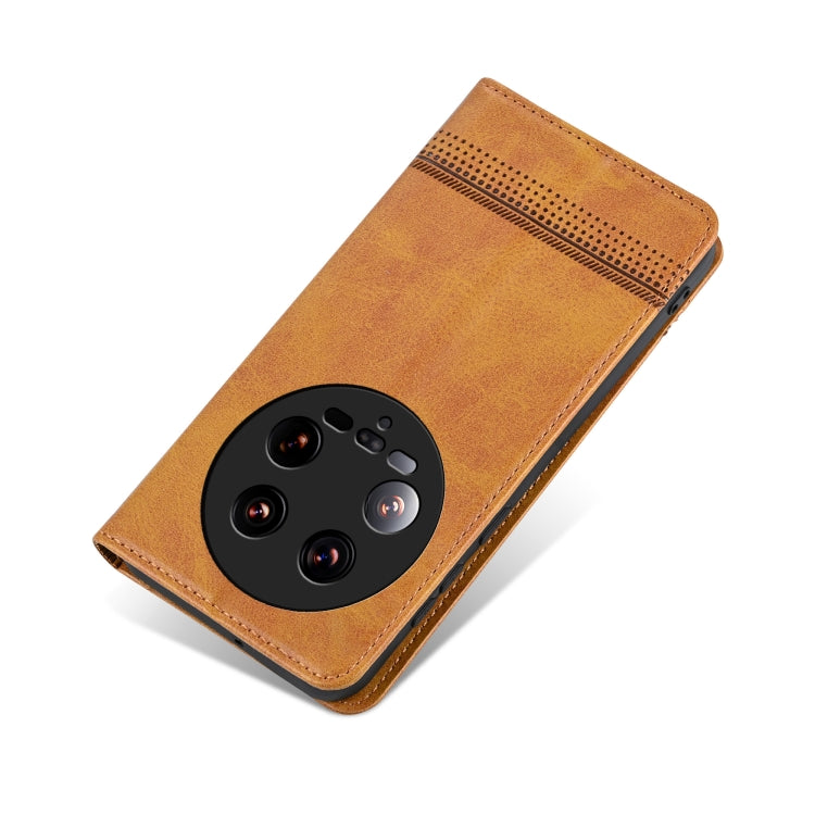 For Xiaomi 14 Ultra AZNS Magnetic Calf Texture Flip Leather Phone Case(Light Brown) - free shipping - PMC Jewellery - Order now!