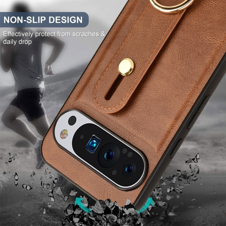 For Google Pixel 9 Wristband Leather Back Phone Case(Brown) - Google Cases by PMC TechLife | Online Shopping South Africa | PMC TechLife | Buy Now Pay Later Mobicred