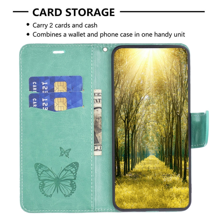 For iPhone 16 Plus Embossing Two Butterflies Pattern Leather Phone Case(Green) - iPhone 16 Plus Cases by PMC TechLife | Online Shopping South Africa | PMC TechLife | Buy Now Pay Later Mobicred