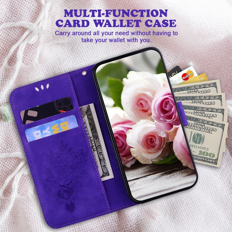 For Motorola Moto G Power 5G 2024 Butterfly Rose Embossed Leather Phone Case(Purple) - Motorola Cases by PMC Jewellery | Online Shopping South Africa | PMC Jewellery | Buy Now Pay Later Mobicred