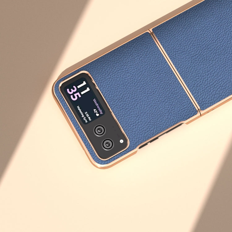 For Motorola Razr 40 Nano Electroplating Genuine Leather + PC Litchi Texture Phone Case(Blue) - Motorola Cases by PMC TechLife | Online Shopping South Africa | PMC TechLife | Buy Now Pay Later Mobicred