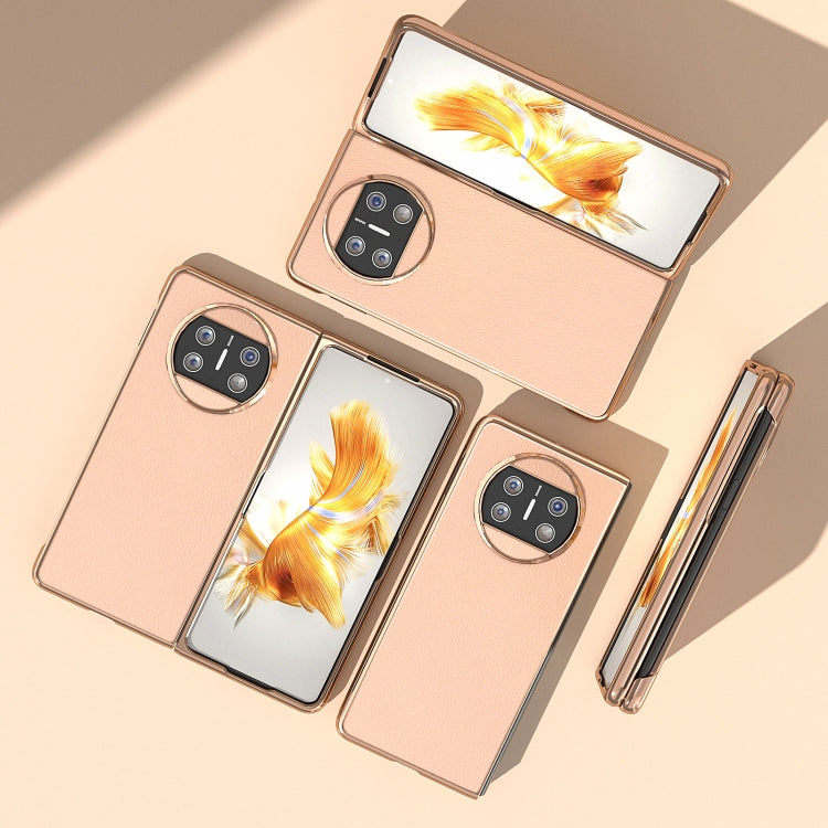 For Huawei Mate X3 Electroplating Genuine Leather + PC Litchi Texture Phone Case(Pink Gold) - Huawei Cases by PMC TechLife | Online Shopping South Africa | PMC TechLife | Buy Now Pay Later Mobicred