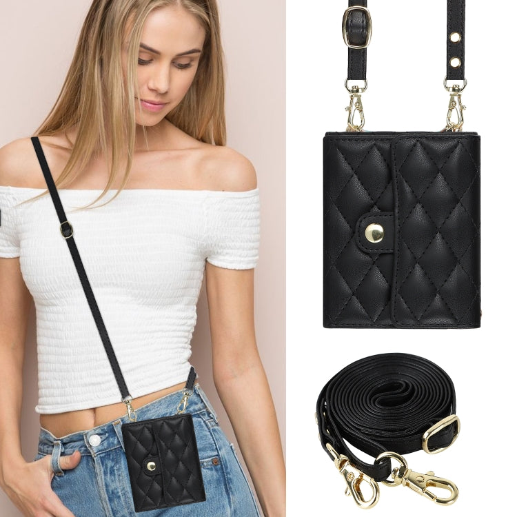 For Huawei P50 Pocket Rhombic Texture Card Bag PU Phone Case with Long Lanyard(Black) - Huawei Cases by PMC TechLife | Online Shopping South Africa | PMC TechLife | Buy Now Pay Later Mobicred