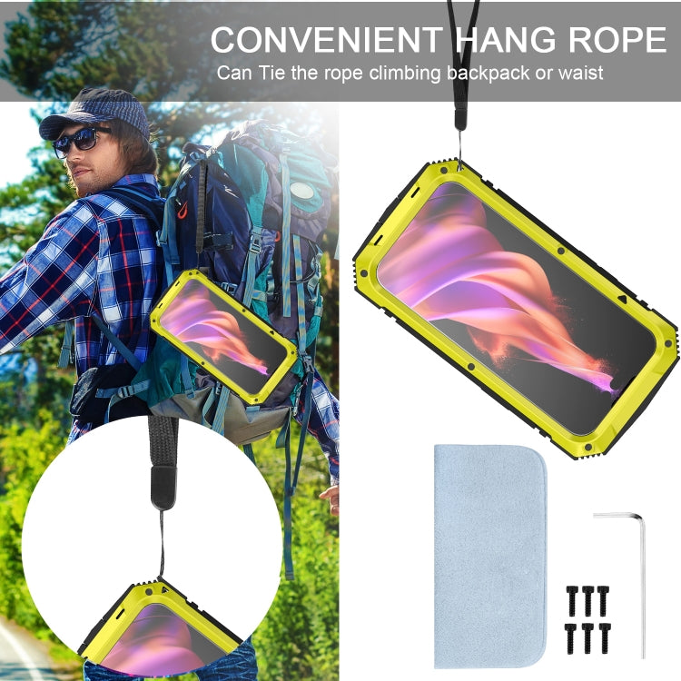 For iPhone 15 R-JUST Shockproof Life Waterproof Dust-proof Metal + Silicone Phone Case with Holder(Yellow) - iPhone 15 Cases by R-JUST | Online Shopping South Africa | PMC TechLife | Buy Now Pay Later Mobicred