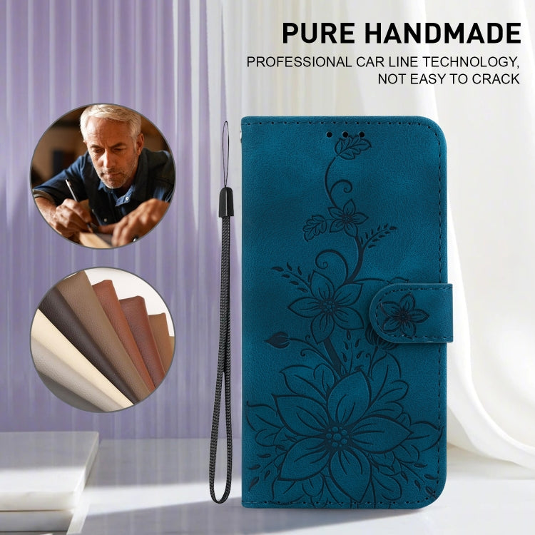 For iPhone 16e Lily Embossed Leather Phone Case(Dark Blue) - iPhone 16e Cases by PMC TechLife | Online Shopping South Africa | PMC TechLife | Buy Now Pay Later Mobicred