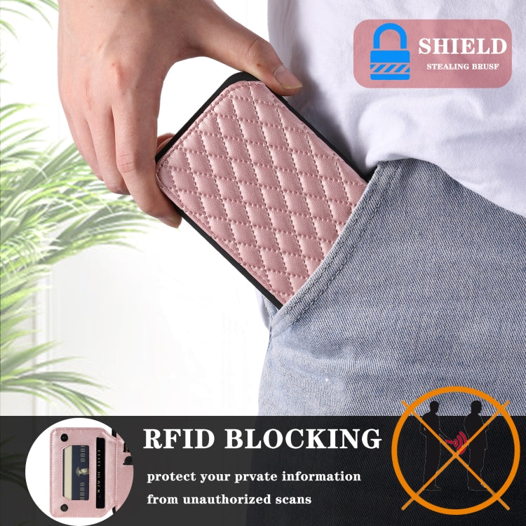 For iPhone SE 2022 / 2020 / 8 / 7 Grid Texture Card Bag Phone Case with Lanyard(Rose Gold) - iPhone SE 2022 / 2020 / 8 / 7 Cases by PMC TechLife | Online Shopping South Africa | PMC TechLife