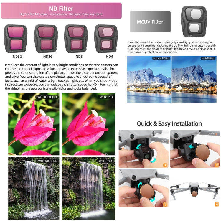 For DJI Air 3 Sunnylife Camera Lens Filter, Filter:4 in 1 ND4/PL ND8/PL ND16/PL ND32/PL - free shipping - PMC TechLife - Order now!