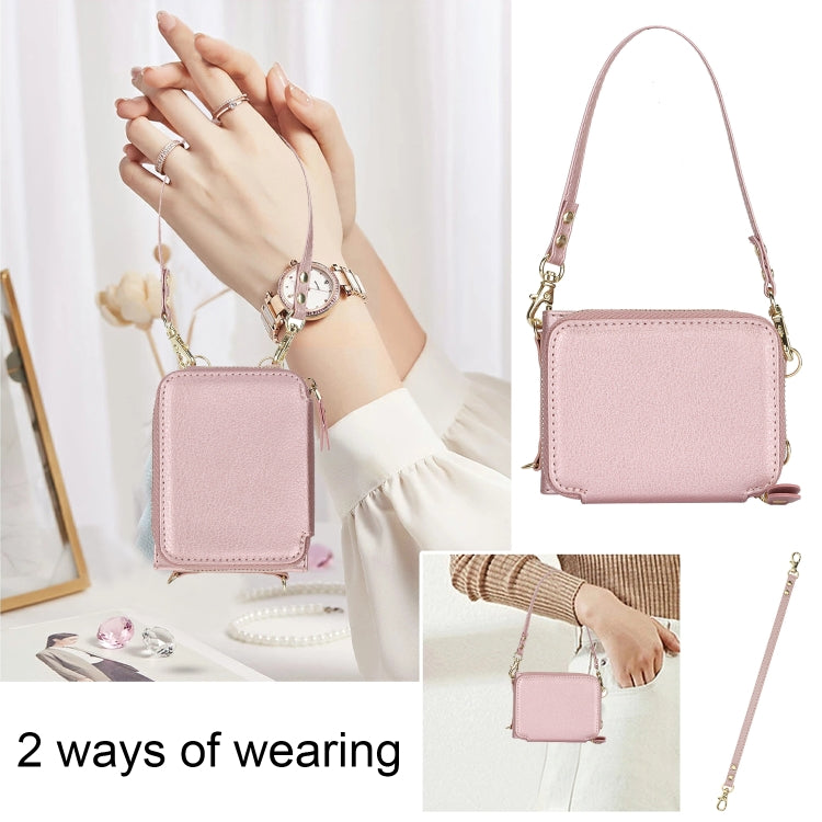 For Motorola Razr 40 Ultra Long and Short Lanyard Zipper Card Slot Foldable Phone Case(Pink) - Motorola Cases by PMC TechLife | Online Shopping South Africa | PMC TechLife | Buy Now Pay Later Mobicred