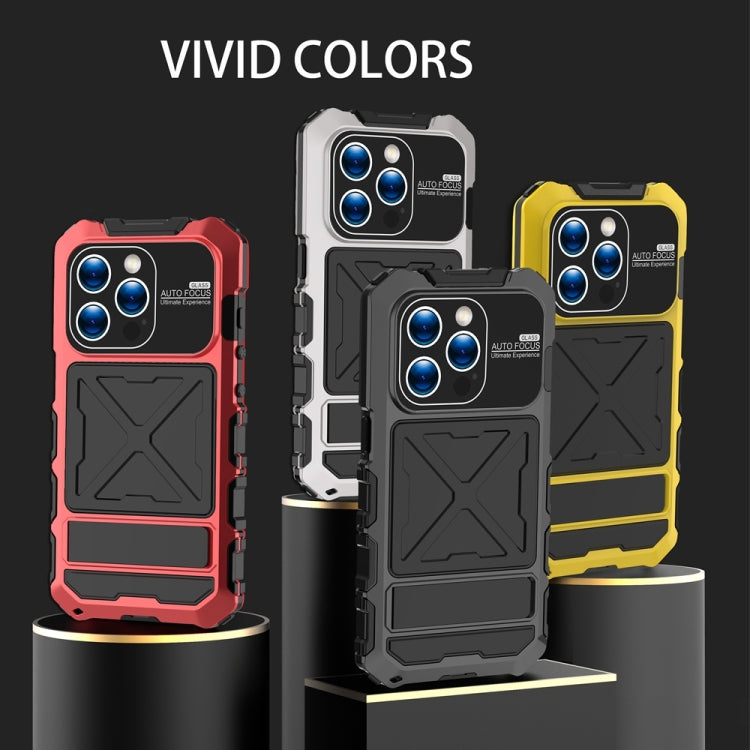 For iPhone 15 Pro Max R-JUST Metal + Silicone + Tempered Glass Life Waterproof Phone Case with Holder(Yellow) - iPhone 15 Pro Max Cases by R-JUST | Online Shopping South Africa | PMC TechLife | Buy Now Pay Later Mobicred
