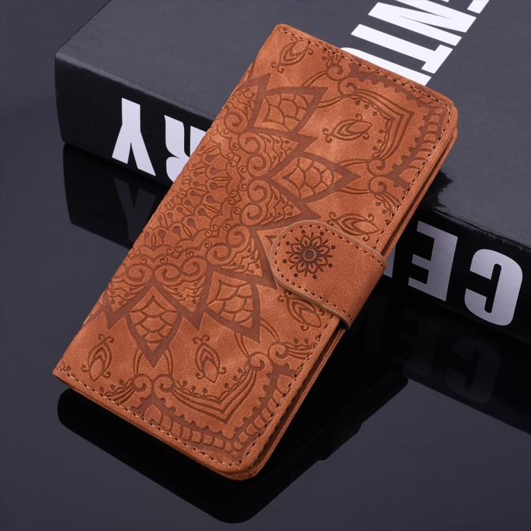For iPhone 16e Mandala Embossed Dual-Fold Calf Leather Phone Case(Brown) - iPhone 16e Cases by PMC TechLife | Online Shopping South Africa | PMC TechLife | Buy Now Pay Later Mobicred