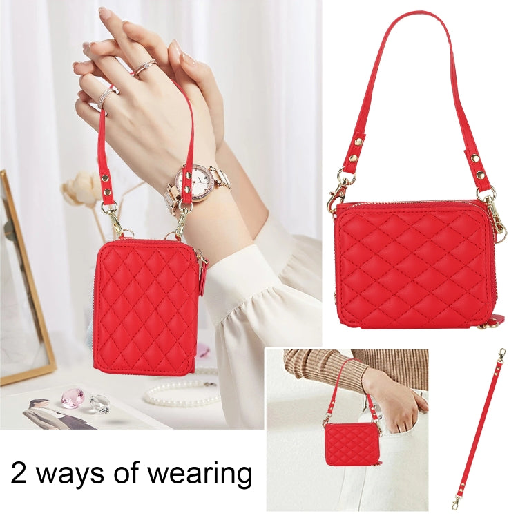 For Motorola Razr 40 Rhombic Texture Card Bag Phone Case with Dual Lanyard(Red) - Motorola Cases by PMC TechLife | Online Shopping South Africa | PMC TechLife | Buy Now Pay Later Mobicred