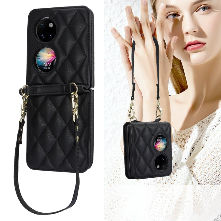 For Huawei P50 Pocket Rhombic Texture Card Bag Phone Case with Dual Lanyard(Black) - Huawei Cases by PMC TechLife | Online Shopping South Africa | PMC TechLife | Buy Now Pay Later Mobicred
