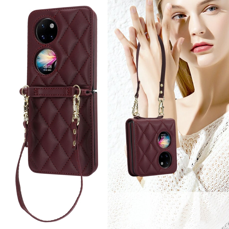 For Huawei P50 Pocket Rhombic Texture Card Bag Phone Case with Dual Lanyard(Burgundy) - free shipping - PMC TechLife - Order now!