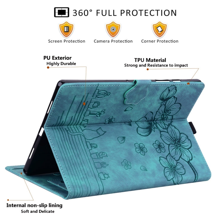 For Lenovo Tab M9 Cartoon Sakura Cat Embossed Leather Tablet Case(Green) - Lenovo by PMC TechLife | Online Shopping South Africa | PMC TechLife | Buy Now Pay Later Mobicred