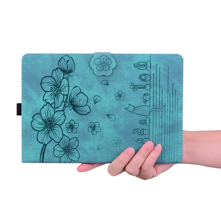 For Lenovo Tab M11 / Xiaoxin Pad 11 2024 Cartoon Sakura Cat Embossed Leather Tablet Case(Green) - Lenovo by PMC TechLife | Online Shopping South Africa | PMC TechLife | Buy Now Pay Later Mobicred