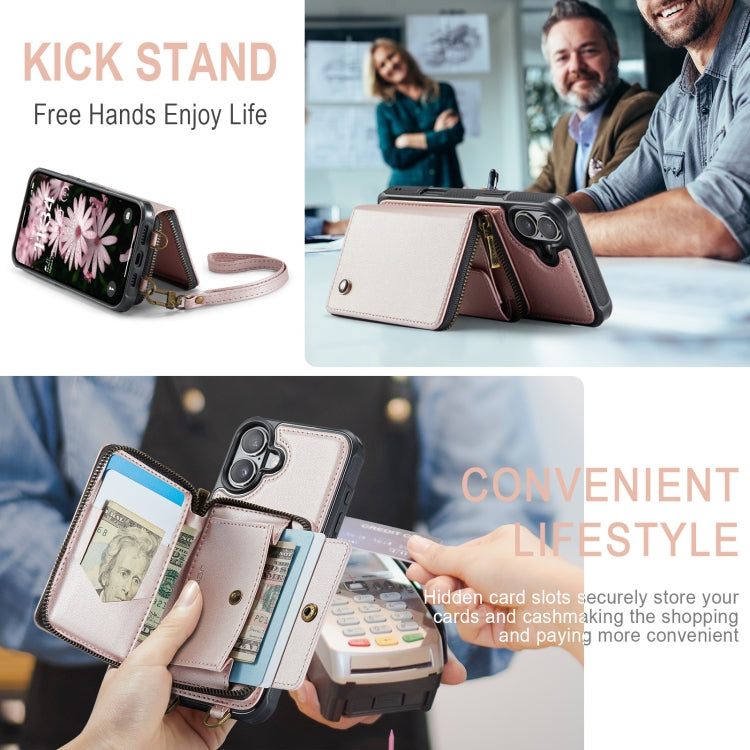 For iPhone 16 Plus JEEHOOD C22 Series Zipper Wallet Leather Phone Case with Dual Lanyard(Rose Gold) - free shipping - PMC Jewellery - Order now!