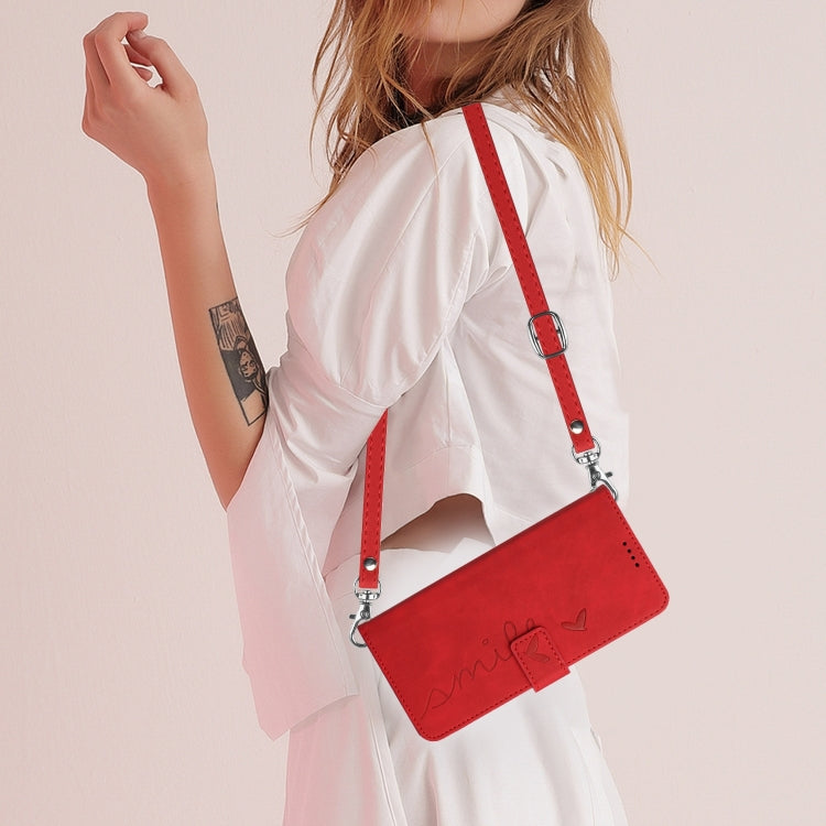 For Motorola Moto G Play 2024 Skin Feel Heart Embossed Leather Phone Case with Long Lanyard(Red) - Motorola Cases by PMC Jewellery | Online Shopping South Africa | PMC Jewellery | Buy Now Pay Later Mobicred