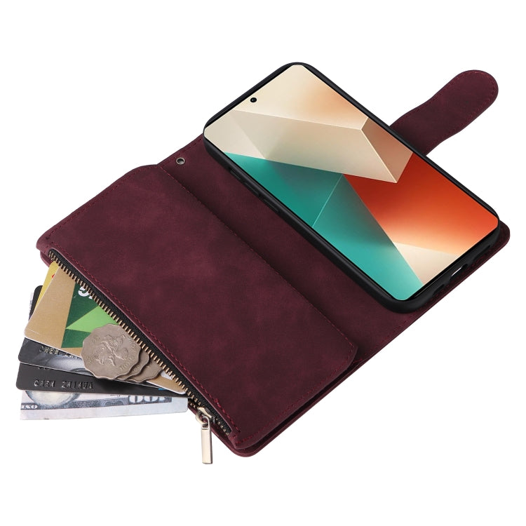 For Xiaomi Redmi Note 13 5G Multifunctional Frosted Zipper Wallet Leather Phone Case(Wine Red) - Note 13 Cases by PMC TechLife | Online Shopping South Africa | PMC TechLife | Buy Now Pay Later Mobicred