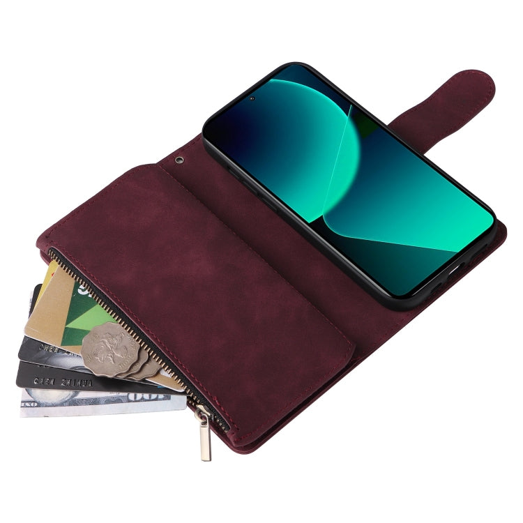 For Xiaomi 13T / 13T Pro Multifunctional Frosted Zipper Wallet Leather Phone Case(Wine Red) - Xiaomi Cases by PMC TechLife | Online Shopping South Africa | PMC TechLife | Buy Now Pay Later Mobicred