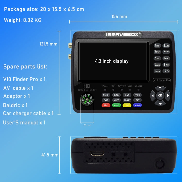 iBRAVEBOX V10 Finder Pro 4.3 inch Display Digital Satellite Meter Signal Finder, Support DVB-S/S2/S2X/T/T2/C, Plug Type:US Plug(Black) - free shipping - PMC TechLife - Order now!