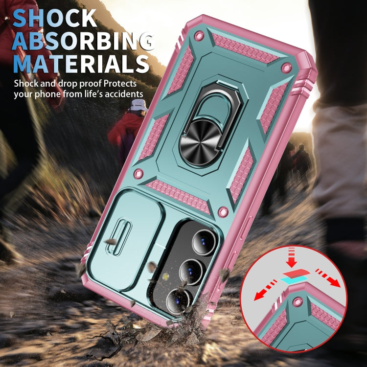 For Samsung Galaxy S24+ 5G Sliding Camshield TPU + PC Phone Case with Holder(Green+Pink) - Galaxy S24+ 5G Cases by PMC TechLife | Online Shopping South Africa | PMC TechLife